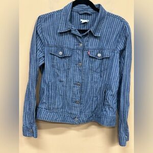 Levis Original Pinstriped Denim Trucker Jacket  Jean Shirt Womens Size Large